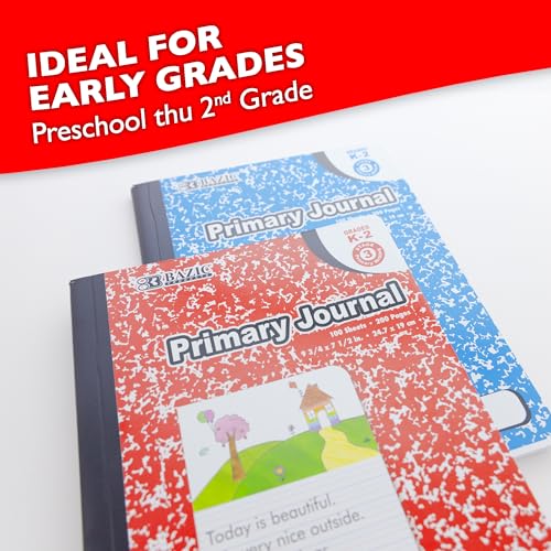 BAZIC PRODUCTS Primary Journal, Grades K-2, Draw & Write, 100 Ct, 2 Titles | pre-K-2 primary journal, 100 sheets (200 pages), 4.5 in blank draw header over primary writing lines, Center-sewn - size: 2-Pack