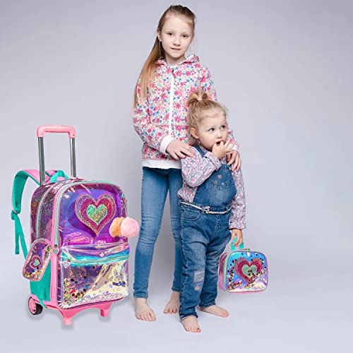 kids Rolling Kid Travel Toddler Duffle Bag Hearts Detachable Backpack for Girls Carry Luggage Roller Computer Suitcase with Pencil Case Lunch Box Wheels Wheeled Clear Backpacks Girls Pink - color: Pink-aixin