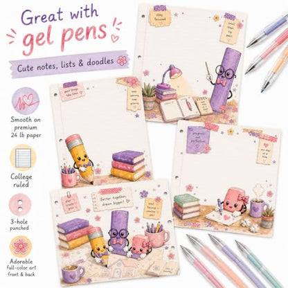 Charmfolio Trios Pencil Eraser Ruler Binder Paper, 90-Sheet Cute Writing Paper Set, 8.5 x 11 College Ruled, 3-Hole Punched Loose Leaf Paper, Premium 24 lb Stationery for Back to School, Besties, BFF