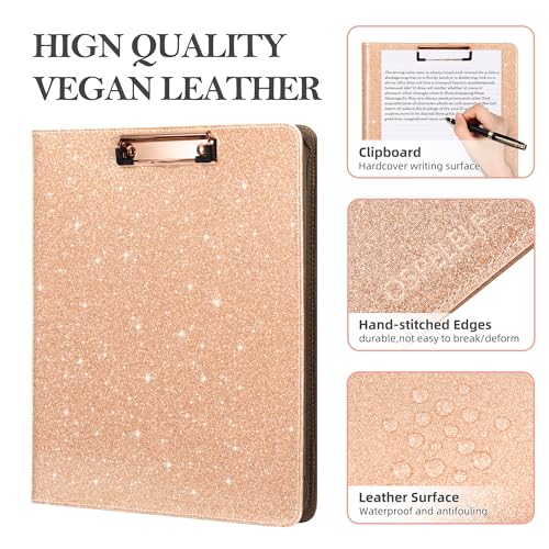 Ospelelf Clipboard with Storage, 3 Ring Binder with Zipper, Leather Padfolio Portfolio Folder, Calculator, 12.1” Tablet Sleeve, 5 Dividers with Pocket|Refillable Notepad, Card Slot (Rose Gold) - color: Rose Gold