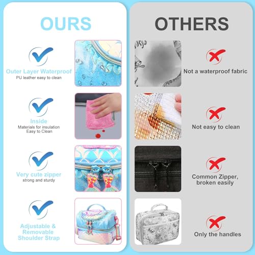 RHCPFOVR Kids Lunch Bag - Double - Decker Cooler Insulated Lunch Box for Boys Girls Women,Washable Lunch Bag with Strap and Reusable Toddler Lunchbox for School and Daycare - color: Blue Mermaid