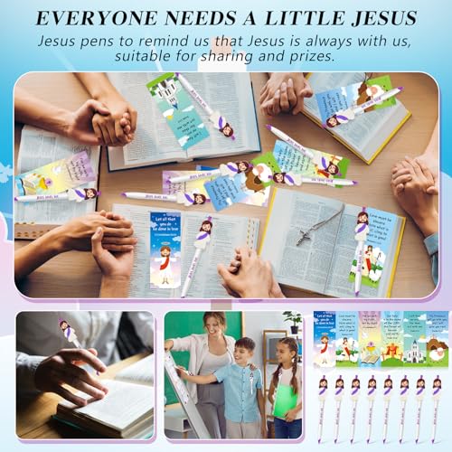 CroBlissful 48 Pcs Jesus Pens Bulk Christian Gift for Kid Jesus Loves You Sunday School Prize Religious Easter Gift Bible Verse Ballpoint Pen with Bookmarks for Catholic Easter(Retro Style) - style: Retro Style