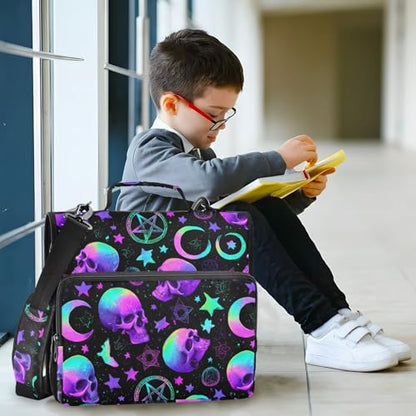 3 Ring Zipper Binder Purple Blue Skull Moon Binders Bag with Shoulder Strap 500 Sheets Paper Organizer Trapper Keeper Documents Storage File Folder for School Office - color: A860