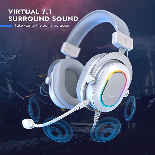 FIFINE USB Gaming Headset, PC Headphones Wired with Microphone for Computer/Laptop, Over-Ear RGB Headset with 7.1 Surround Sound, Noise Cancellation for Streaming Video Game- AmpliGame H6 (White) - color: White