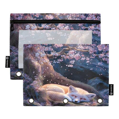 2 Pack Pencil Pouch for 3 Ring Binder Fox Cherry Blossom Tree Pencil Case Pouch with Clear Window Zipper Binder Pencil Pouches Pen Bag for Office School Supplies - color: Fox Cherry Blossom Tree