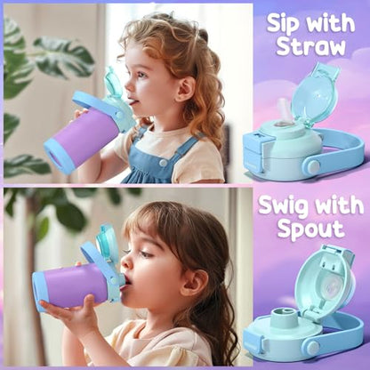 Fimibuke Kids Insulated Water Bottle with Pop-Open Straw & Spout 2-in-1 Lid, 14oz Leak Proof 18/8 Stainless Steel Vacuum Tumbler, BPA-Free Kids Cup For Travel School Girls Boys Toddler 2Packs - color: A3.Rainbow+Mermaid, size: 14 Ounces