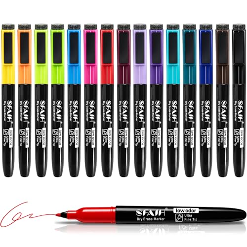 SFAIH 15 Colors Magnetic Dry Erase Markers, Ultra Fine Tip 0.7mm Fine Point Thin Markers for Detailed Calendars & Small Grids, Low Odor Whiteboard Markers with Eraser Cap for Planners & Home Office - color: 15 Colors