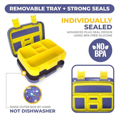 kinsho Bento Lunch Box For Kids Toddlers Boys, 5 Portion Sections Secure Lid, Microwave Safe Bpa Free Removable Tray, Pre-School Daycare Divided Snack Container Ages 3 To 5, Blue Yellow Trucks - color: Blue Yellow Truck Bento
