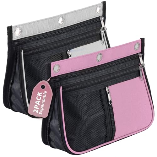 Sooez Pencil Pouch for Binder, Expandable Zipper Pencil Pouch, Fabric Pencil Pouches Binder Pockets, Large Capacity Binder Pouch, Pencil Case, 3 Ring, Black, 2 Pack-Grey & Pink - color: Grey & Pink