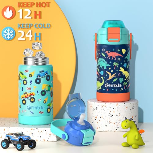 Fimibuke 14oz Kids Insulated Water Bottle with 2-in-1 Straw & Spout Lid | Leak Proof 18/8 Stainless Steel Vacuum Tumbler with Pop-Open Lid, BPA-Free Kids Cup for Travel School Girl Boy Toddler 2 Pack - color: Pink & Beige Leopard, size: 14 Ounces