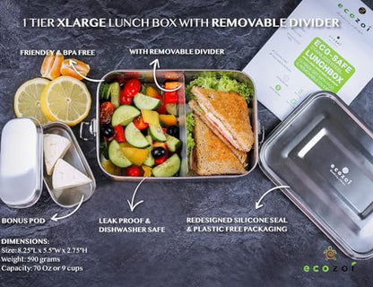 ecozoi Stainless Steel Bento Lunch Box, 50 Oz | 2-compartment Lunch Box with Removable Divider and Bonus Mini Sauce Pod | Leak Proof and Eco Friendly Storage Container for School, Work, and College - size: 2 Compartment 50 Oz