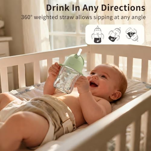 Evorie Tritan Weighted Straw Cup Baby Training Cup, Spill Proof, 7 Oz, 6M+ | BPA & BPS-Free, First learning cup, 360° drinking, Dishwasher safe, Durable Sippy Cup, Light Matcha - color: Light Matcha