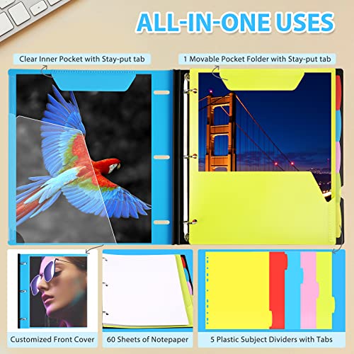 WOT I 1-Pack Telescoping 3 Ring Binder Notebook - Customizable Cover, 5 Dividers & Pocket Folder in One Slim Organizer (60 Sheets Included), Blue - color: Blue, size: 1 Pack