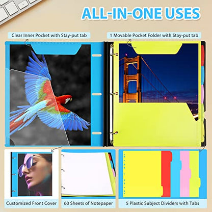 WOT I 1-Pack Telescoping 3 Ring Binder Notebook - Customizable Cover, 5 Dividers & Pocket Folder in One Slim Organizer (60 Sheets Included), Blue - color: Blue, size: 1 Pack