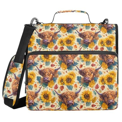 3 Ring Zipper Binder Highland Cow Sunflower Binders Bag with Shoulder Strap 500 Sheets Paper Organizer Trapper Keeper Documents Storage File Folder for School Office - color: A1358