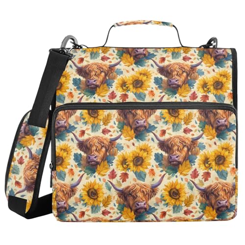3 Ring Zipper Binder Highland Cow Sunflower Binders Bag with Shoulder Strap 500 Sheets Paper Organizer Trapper Keeper Documents Storage File Folder for School Office - color: A1358