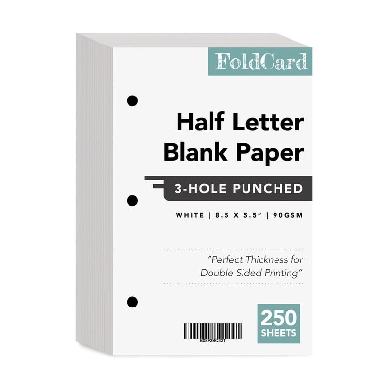 Half Letter Blank Paper, 3 Hole Punched, Bright White 3 Ring Binders and Clipboards Refill – 8.5" x 5.5" – Writing, Copy, Printing – Regular Paper, 24lb Bond/60lb Text/90 GSM – 250 Sheets per Pack