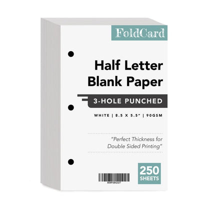 Half Letter Blank Paper, 3 Hole Punched, Bright White 3 Ring Binders and Clipboards Refill – 8.5" x 5.5" – Writing, Copy, Printing – Regular Paper, 24lb Bond/60lb Text/90 GSM – 250 Sheets per Pack