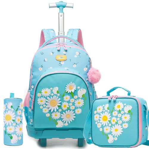 Girls Rolling Backpack Kids Backpacks with Wheels Travel Luggage for Elementary School Bookbag with Wheels Backpacks for Girls with Lunch Bag Set - color: Pink Blue Flower