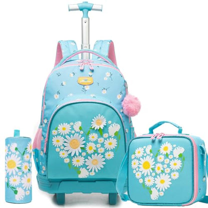 Girls Rolling Backpack Kids Backpacks with Wheels Travel Luggage for Elementary School Bookbag with Wheels Backpacks for Girls with Lunch Bag Set - color: Pink Blue Flower