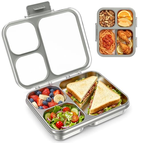 Stainless Steel Bento Lunch Box, 34oz/1000ml Leak Proof Metal Container, Lightweight 3mm Ultra-Narrow Bezel with Tritan Lid for Kids & Adults, 3-Compartment, BPA/BPS Free, Dishwasher Safe, Gray - color: Gray, size: 34oz/1000ml