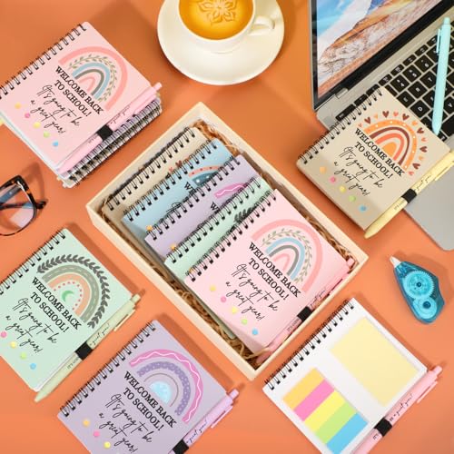 Dunzoom 40 Pcs Welcome Back to School Gifts Bulk Spiral Notebooks with Sticky Notes Motivational Pens First Day of School Notepads Party Favor for Teacher Student Classroom(Rainbow,Pastel) - style: Rainbow