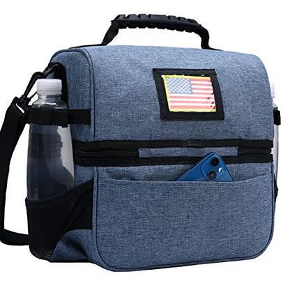 MIER Lunch Box for Men Dual Compartment Adult Lunch Bag for Work, Bluesteel | Leakproof & Insulated; Lunchbox Cooler Tote with Side Bottle Holder; Detachable Shoulder Strap with Pad; Multi-Pockets - color: Bluesteel