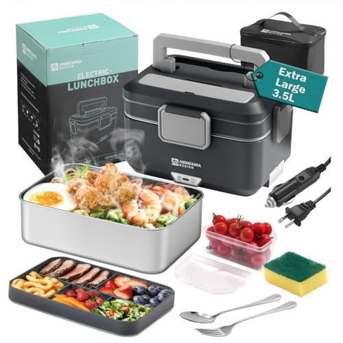 Annie & Mia Design Electric Lunch Box for Adults, 100w 3.5L 2-Layer Portable Food Warmer, Dual Mode 2.5L + 1L Heated Lunch Box for Adults, Home/Car/Office/Truck Use, Lonchera Eléctrica Portátil - color: Steel Glacier