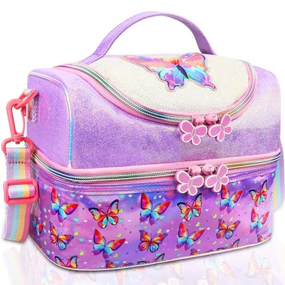 RHCPFOVR Kids Lunch Bag - Double - Decker Cooler Insulated Lunch Box for Boys Girls Women,Washable Lunch Bag with Strap and Reusable Toddler Lunchbox for School and Daycare - color: Purple Butterfly 1