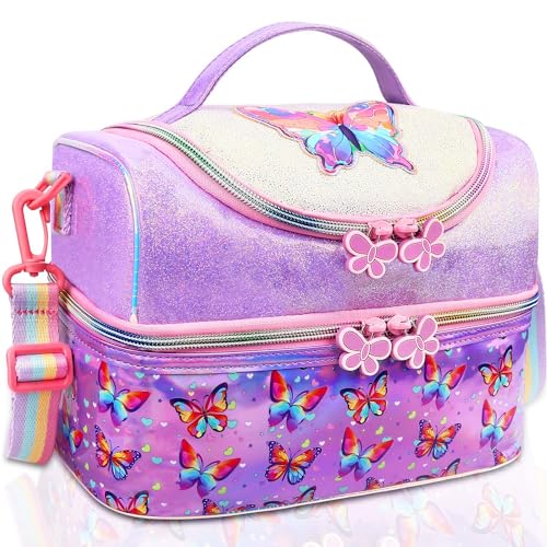 RHCPFOVR Kids Lunch Bag - Double - Decker Cooler Insulated Lunch Box for Boys Girls Women,Washable Lunch Bag with Strap and Reusable Toddler Lunchbox for School and Daycare - color: Purple Butterfly 1