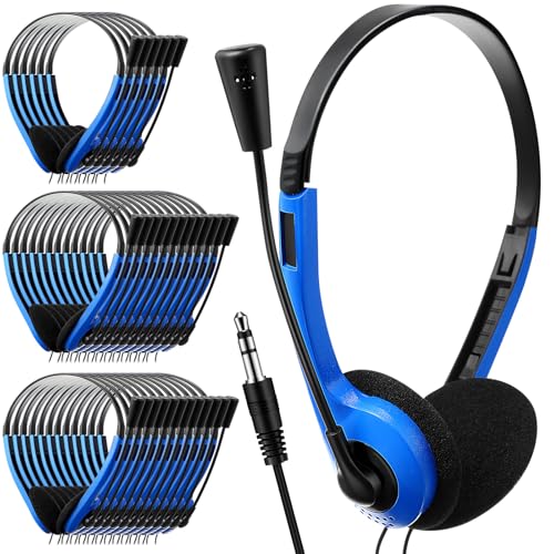 Yunsailing 30 Pack Classroom Headphones with Microphone School Student Headphones Bulk Class Set Lightweight Adjustable Earphones on Ear with 3.5 mm Jack(Blue,Plastic Stem) - color: Blue, style: Plastic Stem