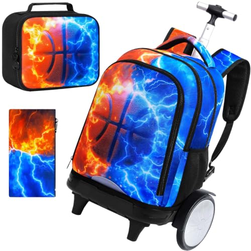 AGSDON Quiet Rolling Backpack with Lunch Box Set – Large‑Wheel Water‑Resistant Wheeled Bag for School, Outings, and Travel | Fire-Lightning Basketball 3‑Piece Organizer Backpack - color: Big Wheel Roller Bookbag Fire-lightning Basketball