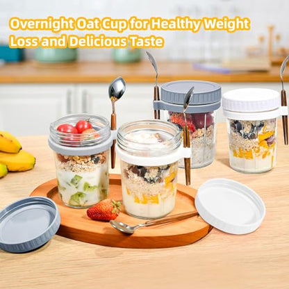 Glass Overnight Oats Containers，with Lids and Spoons，16 oz Glass Food Storage Containers ，Container Meal Prep Jar for Cereal Fruit Vegetable Milk Salad Yogurt