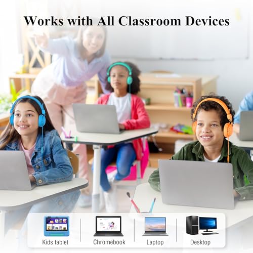 12-Pack Classroom Headphones for K-12 Schools, Bulk Wired 3.5mm Jack | 85dB Volume-Limited, Built-in Mic, Foldable Design, Tangle-Free Cable For Student Use, Rainbow Colors