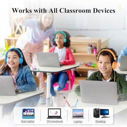12-Pack Classroom Headphones for K-12 Schools, Bulk Wired 3.5mm Jack | 85dB Volume-Limited, Built-in Mic, Foldable Design, Tangle-Free Cable For Student Use, Rainbow Colors
