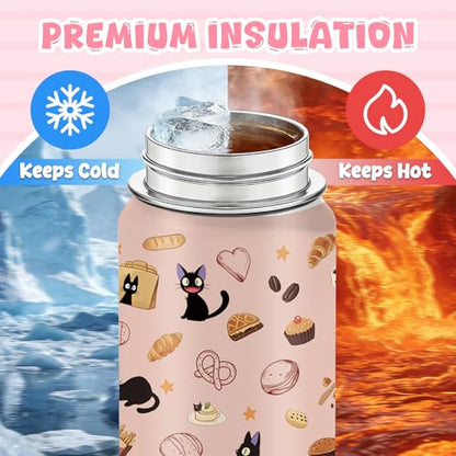 18oz Kikis Delivery Service Water Bottle with 2 Lids (Spout and Straw Lid), Kids Insulated Stainless Steel Cats Tumbler Cup, Kiki's Delivery Service Merchandise Gifts for Women Teen Girl - color: Cat-2