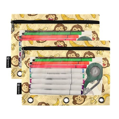 2 Pack Pencil Pouch for 3 Ring Binder Cute Monkey Banana Pencil Case Pouch with Clear Window Zipper Binder Pencil Pouches Pen Bag for Office School Supplies - color: Cute Monkey Banana