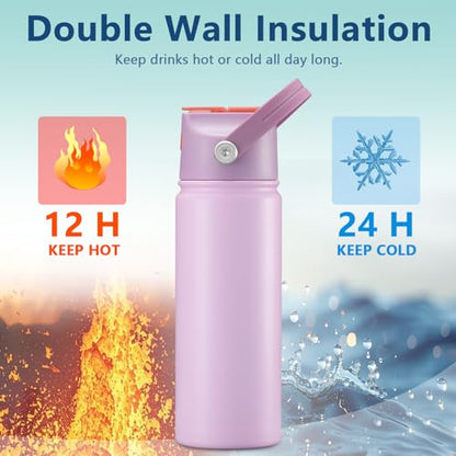 18 OZ Water Bottle for Kids, Stainless Steel Double Insulated Sports Water Bottle, Leak Proof Straw Cup for School, Gifts and Travel, BPA Free (Light Purple)