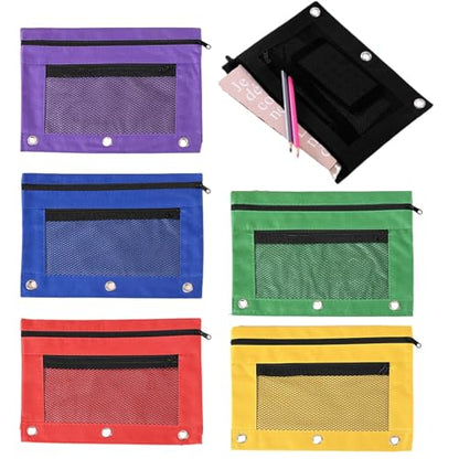 Kakalote Pencil Pouch for 3 Ring Binder, 6 pcs Binder Pencil Pouch, Zippered Double Pocket Pencil Pouch, with Clear Window and 3 Reinforced Grommets, 6 colors