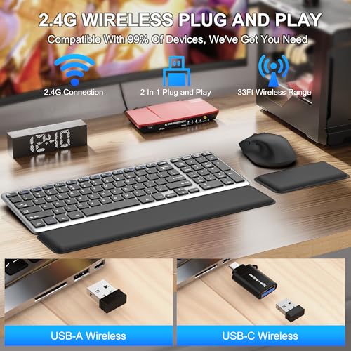 Ultra Slim Quiet Silent Wireless Keyboard and Mouse Combo with Magnetic Wrist Rest, Rechargeable Quiet Full-Size Keyboard and Mouse Combo Set Ultra Slim Design for Computer, Mac, Laptop, PC