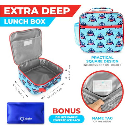 kinsho Bento Lunch Box Insulated Bag, Water Bottle & Ice Pack Set for Kids Toddlers, 4 Portion Sections, Removable Tray, Pre School Kid Toddler Daycare Lunches, Snack Container, Cute Blue Shark - color: Shark Set