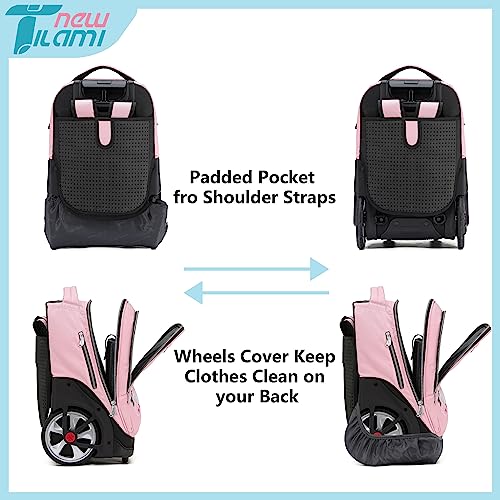 NEW TILAMI 19 inch Rolling Backpack Teens Rolling Backpack Cute Wheeled Laptop Backpack Bookbag Roller Travel Bag College, Flower Pink - color: Pink Flower