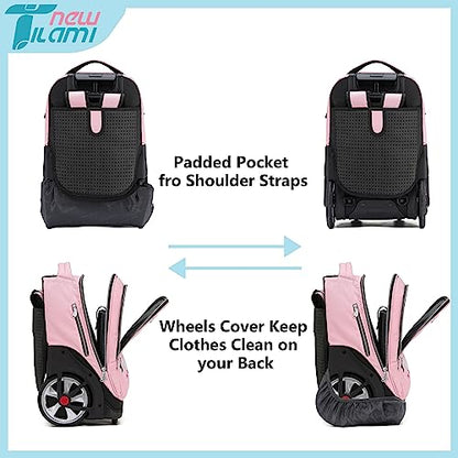 NEW TILAMI 19 inch Rolling Backpack Teens Rolling Backpack Cute Wheeled Laptop Backpack Bookbag Roller Travel Bag College, Flower Pink - color: Pink Flower