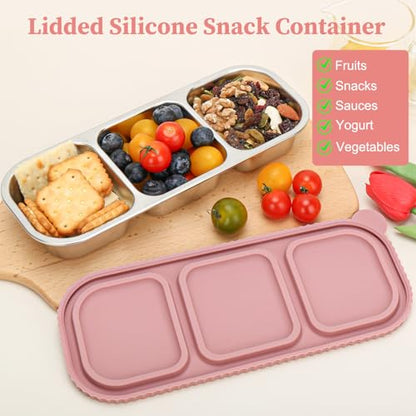3 Compartment Stainless Steel Snack Containers. | Reusable Snackle Box Container with Leakproof Lids Metal Bento Lunch Boxs Food Storage Containers for Travel Picnics Office - color: 01-PI