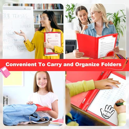 Henoyso 24 Pcs Plastic Folders with Clear Front Pockets and Prongs School to Home File Organizer Plastic Folder for Back to School Parent Teacher Communication Homework Office (Red) - color: Red