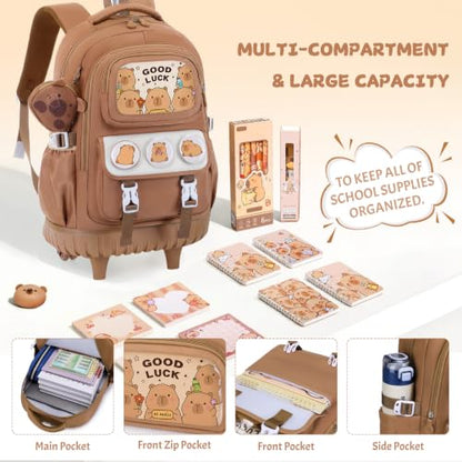 Capybara Rolling Backpack for Girls - 3PCS Girls Backpack Kids Suitcase with Lunch Box & Pencil Case Travel - Capybara Backpack with Wheels for Kindergarten Preschool Elementary (Brown) - color: Brown