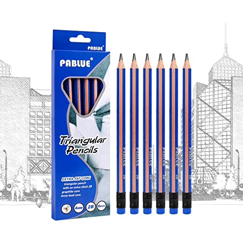Triangular Jumbo Pencils, 2B Pre-Sharpened with Eraser, Blue, 6 Pcs | Fat, Thick, Strong Wood Triangular Design for Beginners for Writing, Drawing, School, Art, Sketching and Shading - color: Blue, style: 2B Lead