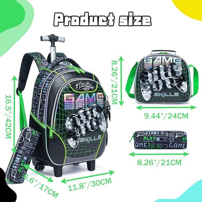 Meetbelify Rolling Backpack with Wheels for Boys Rolling Backpacks with Lunch Box for Elementary School Students Kids 3 in 1 Travel Luggage Carry on Suitcase for Boys Age 8-10 - color: 02 Green Game