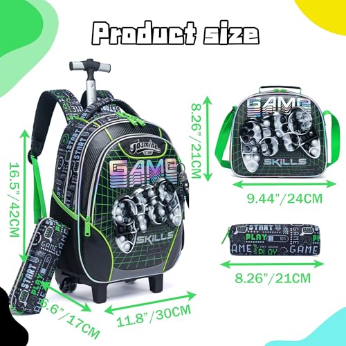 Meetbelify Rolling Backpack with Wheels for Boys Rolling Backpacks with Lunch Box for Elementary School Students Kids 3 in 1 Travel Luggage Carry on Suitcase for Boys Age 8-10 - color: 02 Green Game
