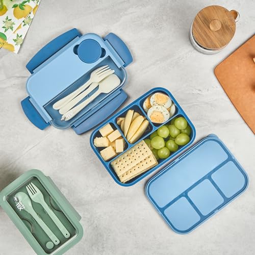 Restaurantware Bento Box 1 Count 44 Ounce Plastic Lunch Box With Cutlery, Leakproof Microwave-Safe Meal Prep Container Reusable Versatile Blue for Travel - size: 1 Count, style: 44 oz - Blue